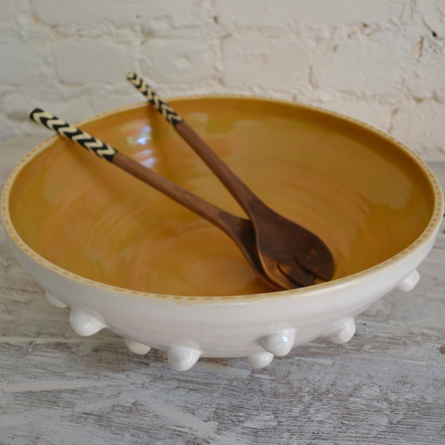 Mustard & White Bowl - large wheel thrown bowl - stoneware - Belly Bowls
