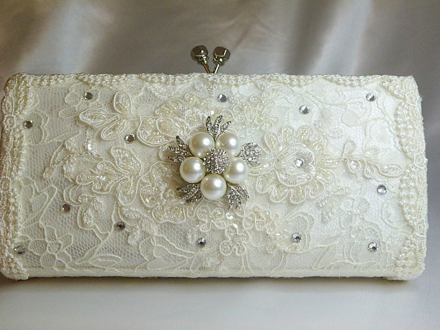 Lacey and twinkly wedding clutch bag .. vintage lace with Swarovski crystals and  pearls