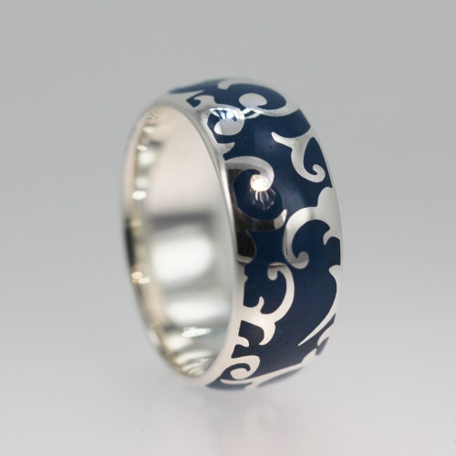 Blue Enamel Ring - Gold Wedding Band with Carved Pattern - OOAK - Originally designed  for Kys Realm e-Books and Video Games