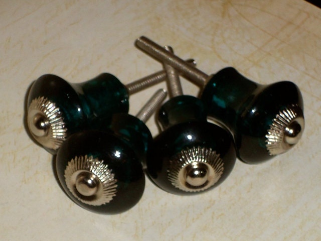 Shabby Cottage Chic Dark Aqua Blue Glass Silver Drawer Knob/Pull Knobs/Set of 4