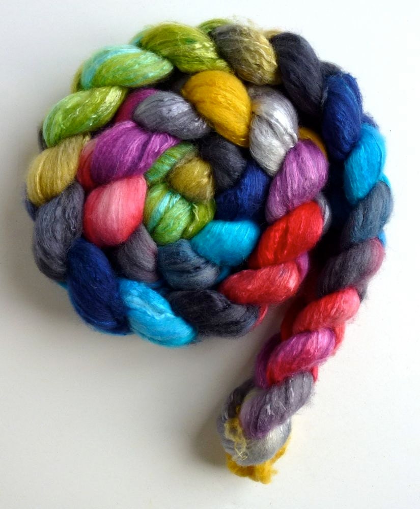 Mulberry Silk/Wool Roving - Hand Dyed Spinning or Felting Fiber, Road Race 3, 4 ounces