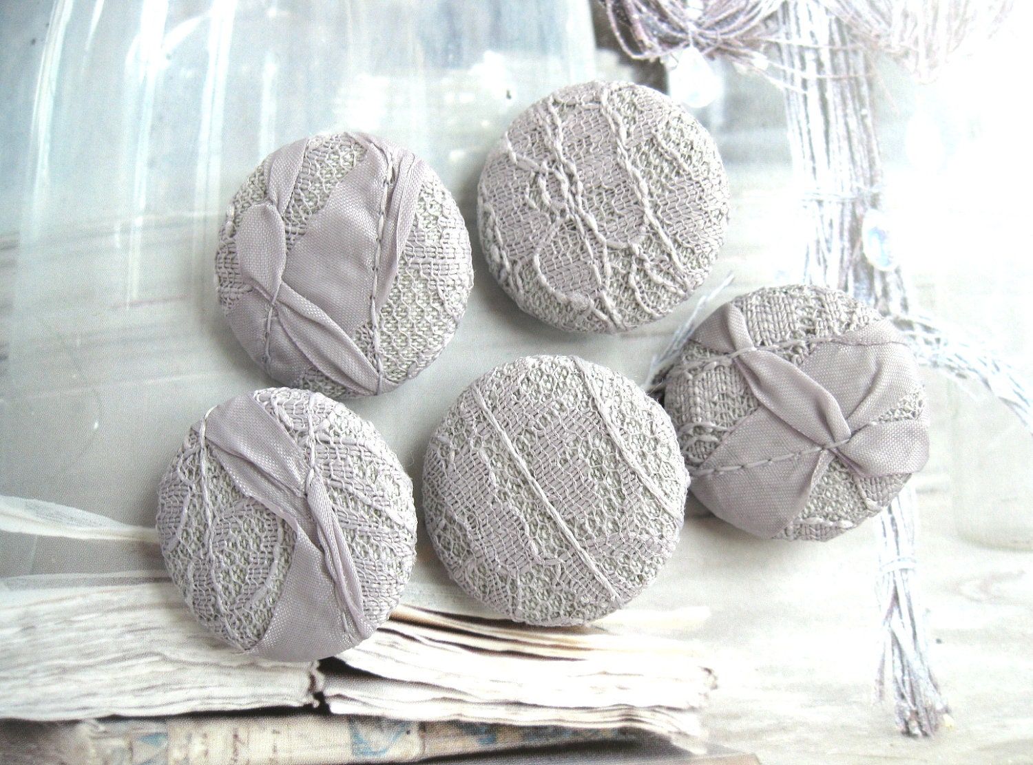 Handmade Fabric Buttons - Large Gray Grey Ribbon Flower Floral Lace Handmade Fabric Buttons 1.25 Inch 5's