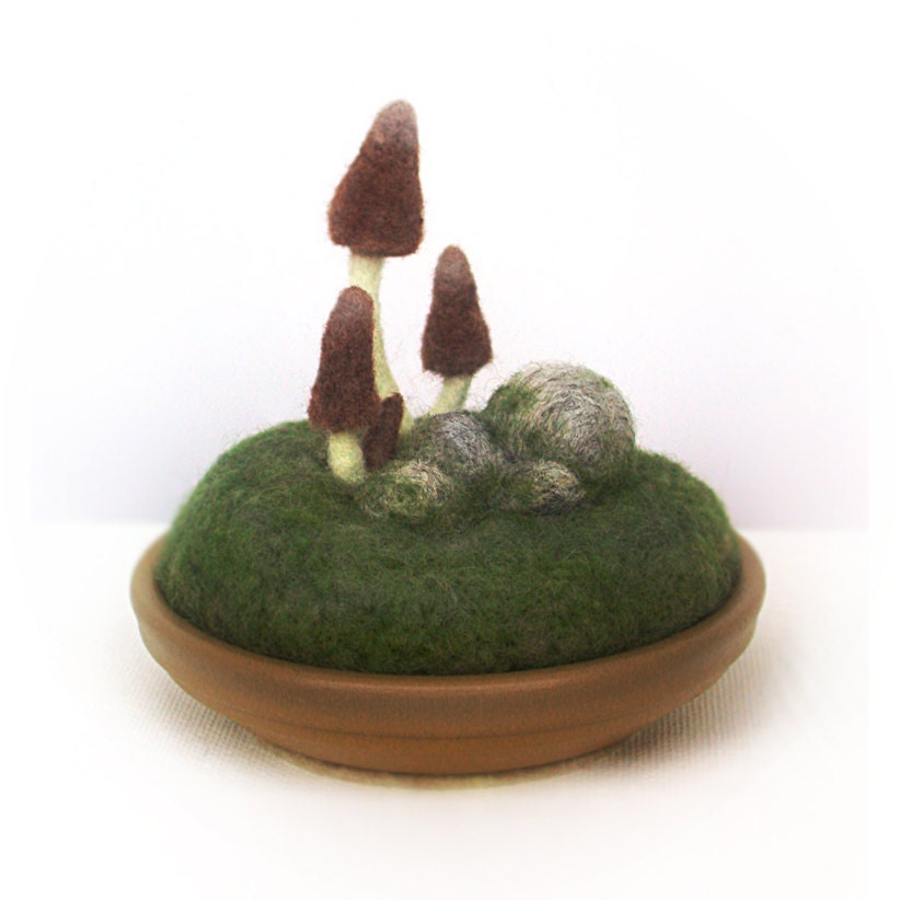 Brown Gnome Mushrooms Pincushion Scene Made to Order