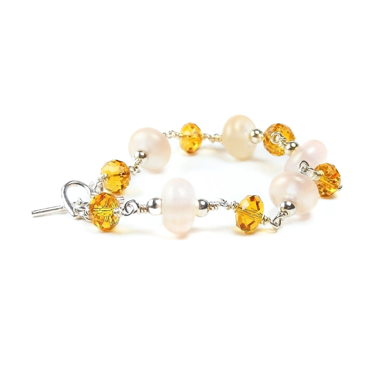 Peach Beaded Bracelet, Handcrafted Lampwork Glass & Sterling Silver Bracelet, Topaz crystal, Lampwork Bead Bracelet