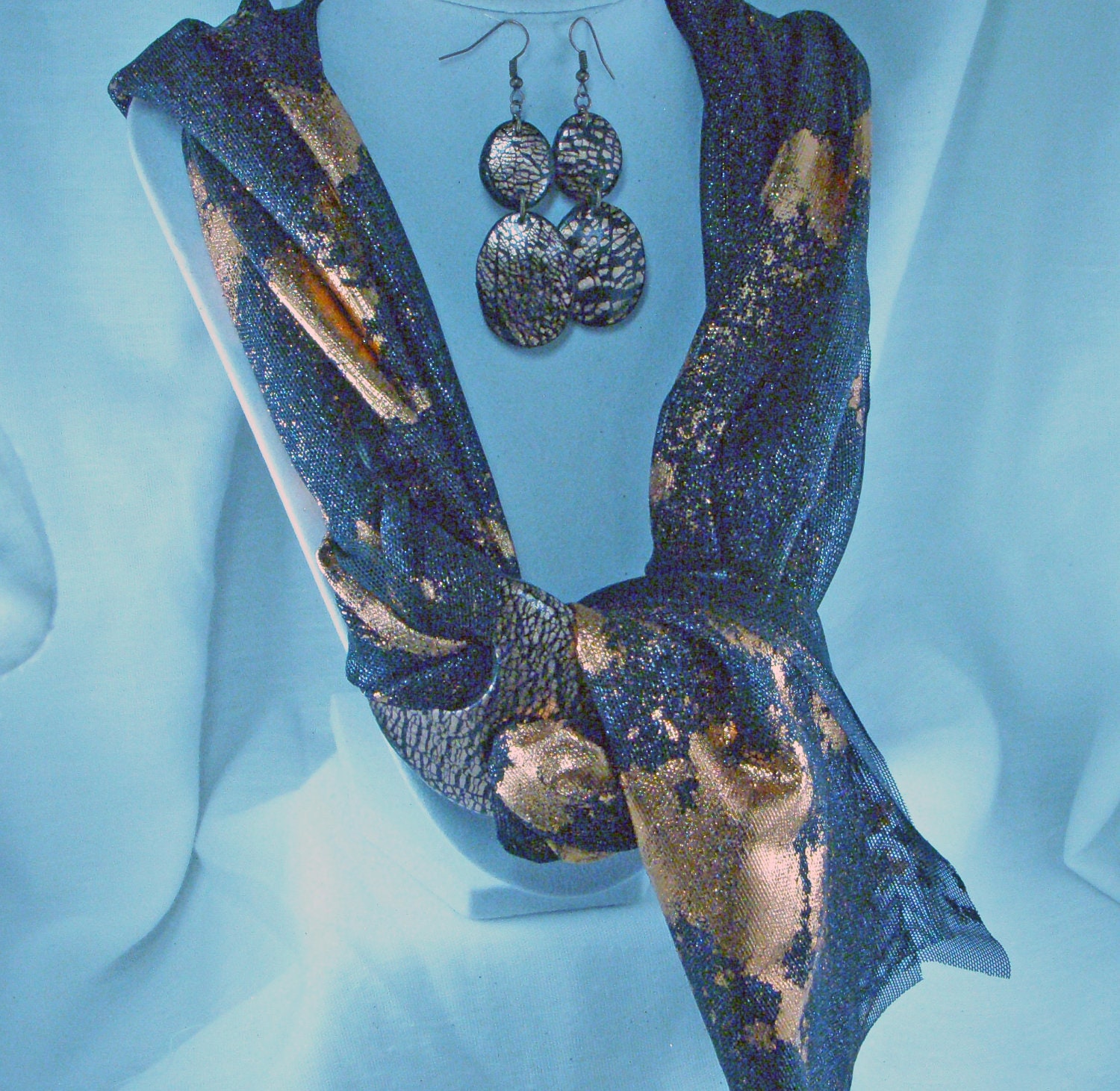 Black and Copper Scarf Necklace with Matching Buckle and Earrings