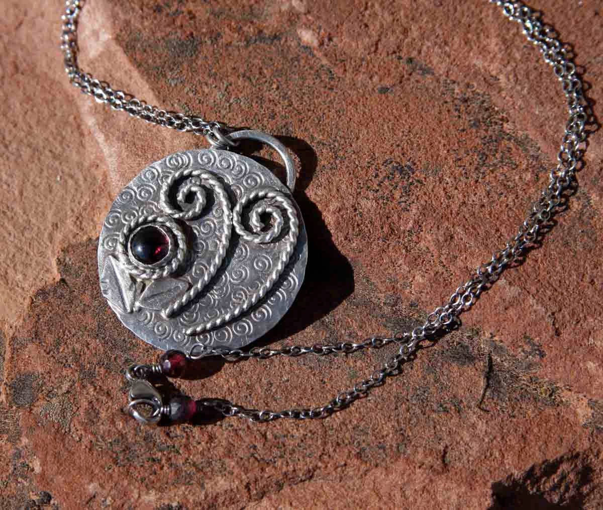 Sterling Silver Fiddlehead Fern and Garnet Flower Necklace