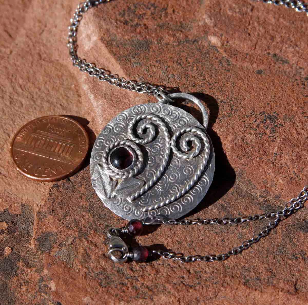 Sterling Silver Fiddlehead Fern and Garnet Flower Necklace