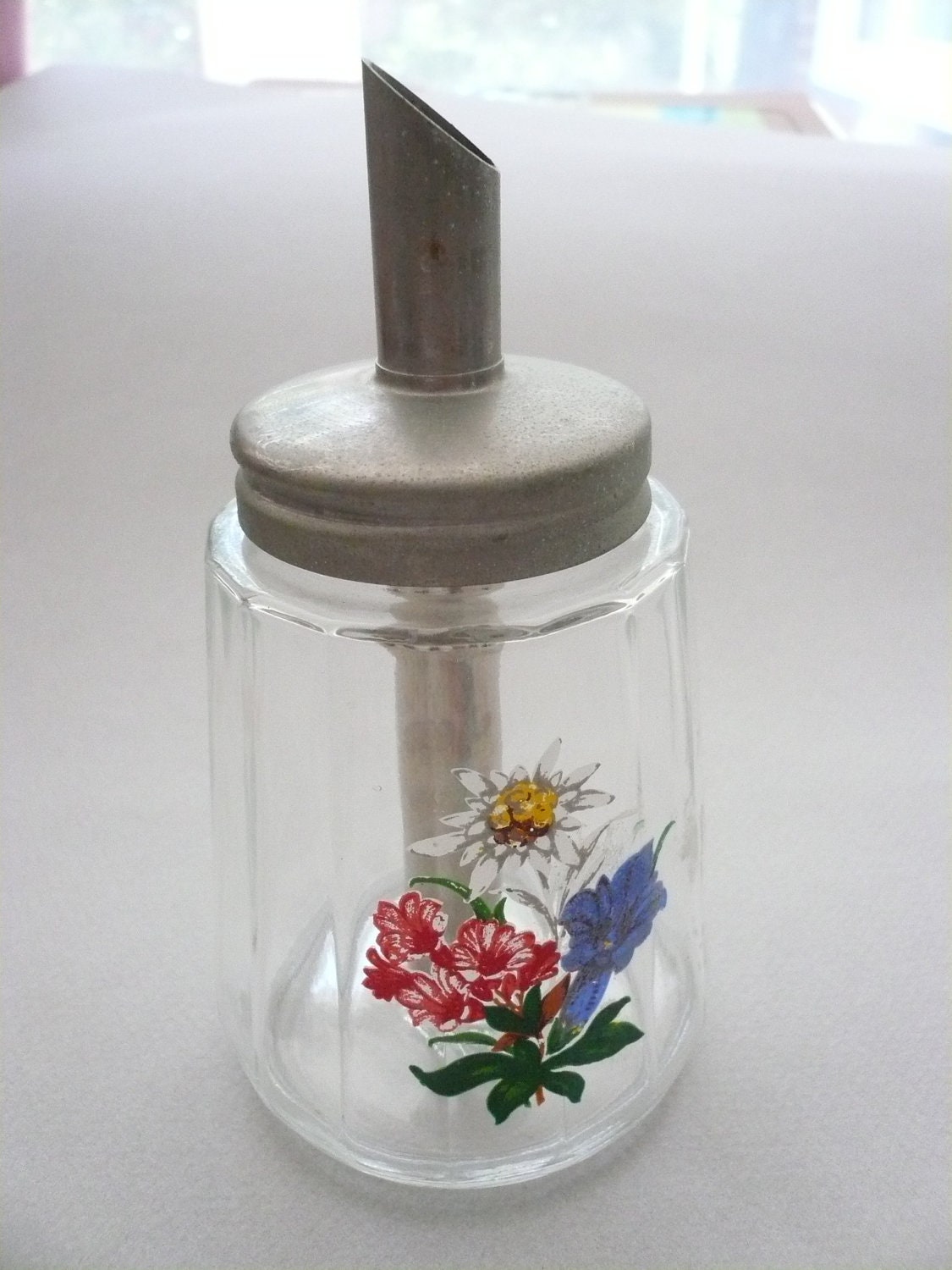 Vintage 1940s Glass Sugar Dispenser with Flower Decal