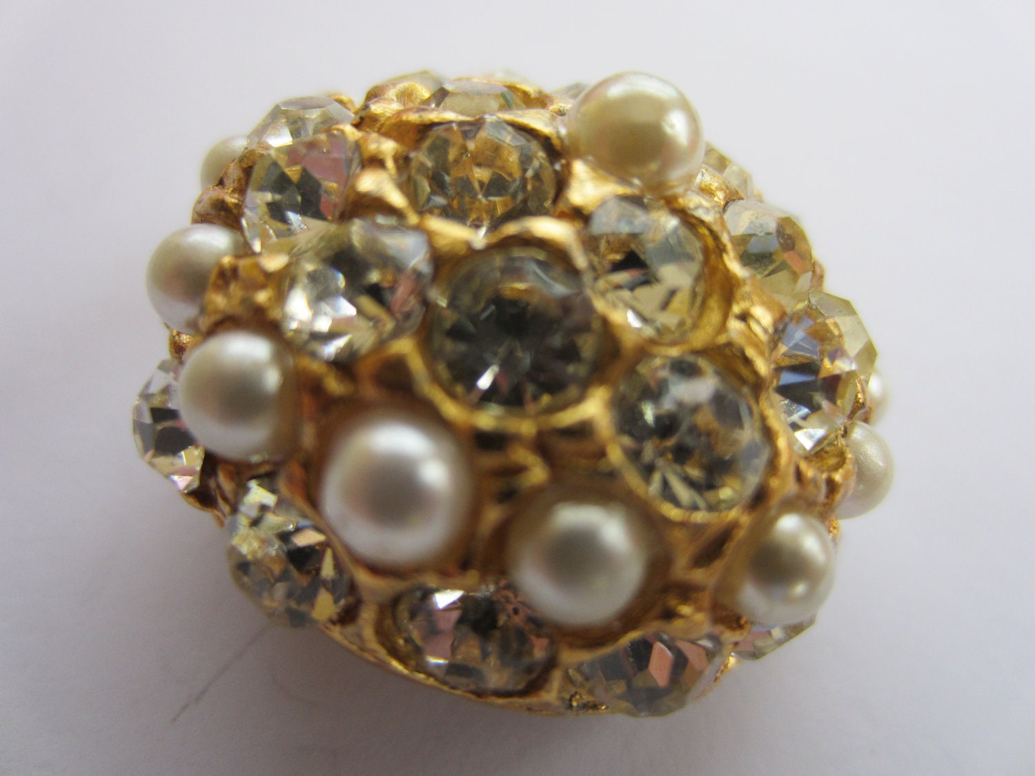 Vintage Buttons - beautiful, 1 large, rhinestones and pearls embellished, gold metal domed design, estate sale button (lot 2244)