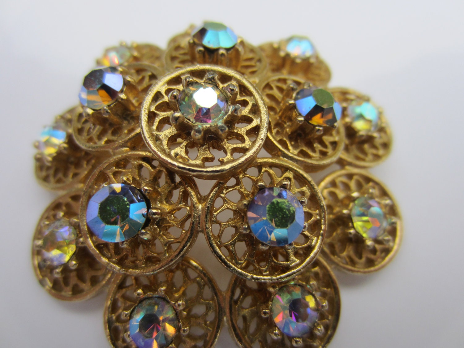 Vintage Brooch, stunning, stacked gold metal open work with sparkling AB rhinestones, large, estate sale find, (2450)