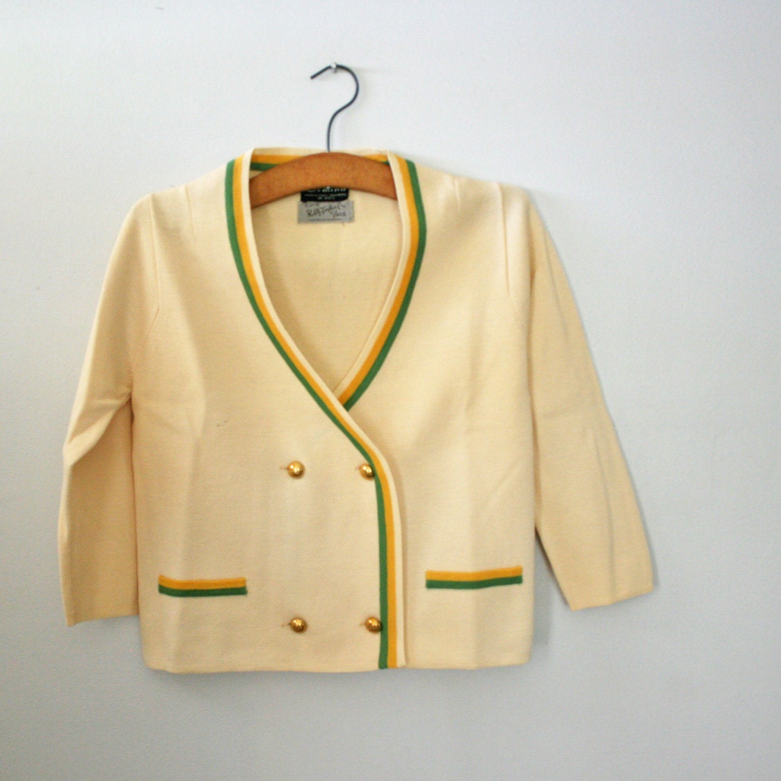 vintage 50s Buttercream Striped Double Breasted College Girl Sweater