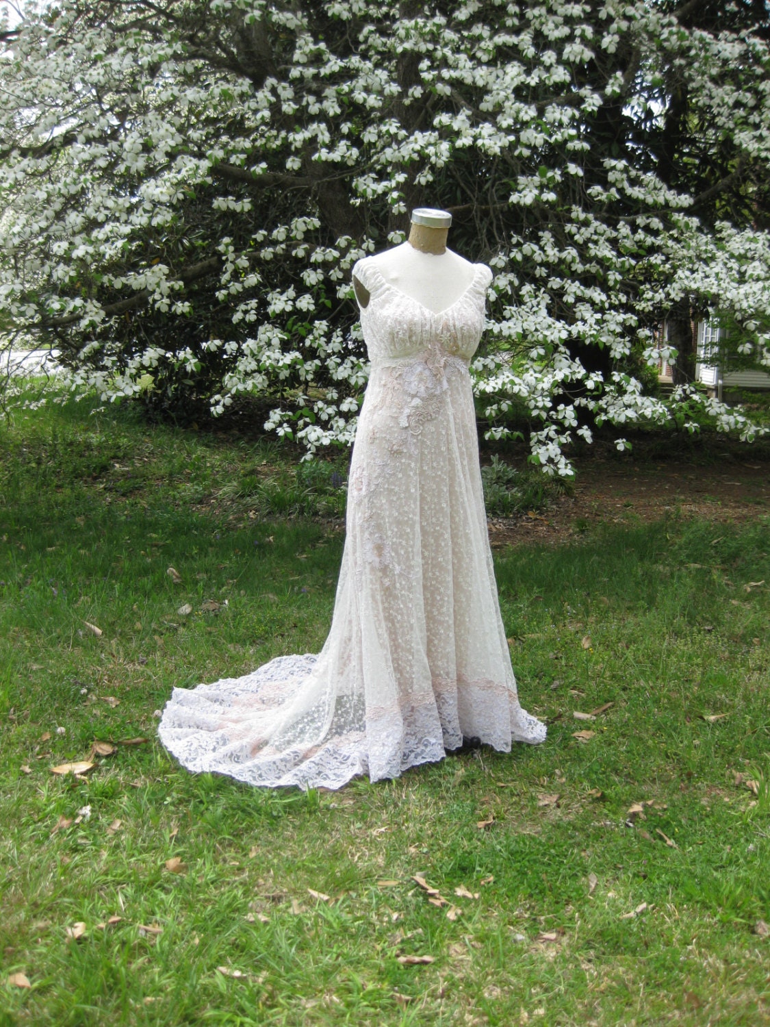 Ivory and Pink Lace Wedding Gown