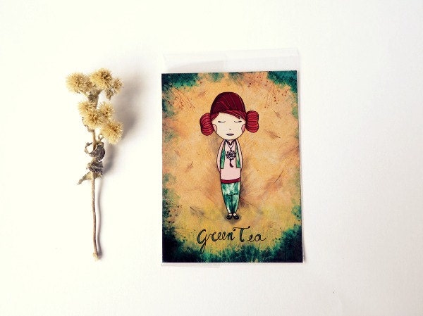 Wall art - ACEO Print - Green Tea Girl Green Kitchen decor Tea Girl Autumn fall nature dream catcher children bedding