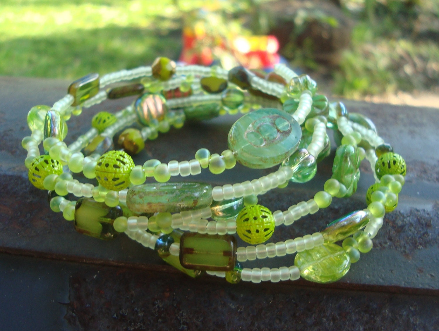 Lettuce Green Czech Glass Stacked Bracelet