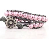 Pink Pearl Wrap Bracelet Gray Leather Summer Fashion Boho Jewelry Dusty Rose Double Wrap Flower
