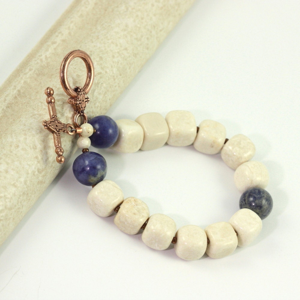 Blue Cream Fall Earth Tones Boho Bracelet Denim Sodalite Gemstone Rustic Woodland Fashion Beige Jewelry Copper Clasp