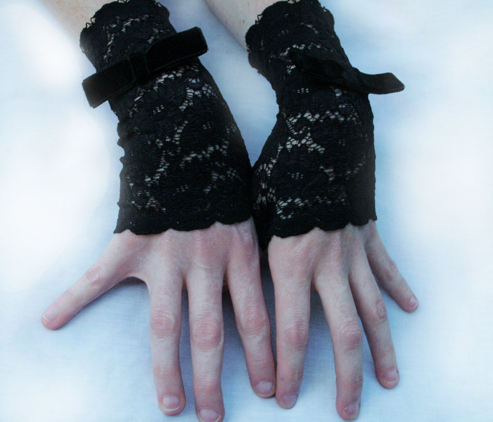 Black Lace Fingerless Gloves Gothic Victorian Steampunk- Custom to Order