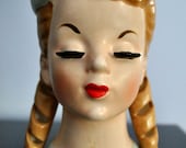Vintage Teenage Girl Head Vase with Beret and Pigtails