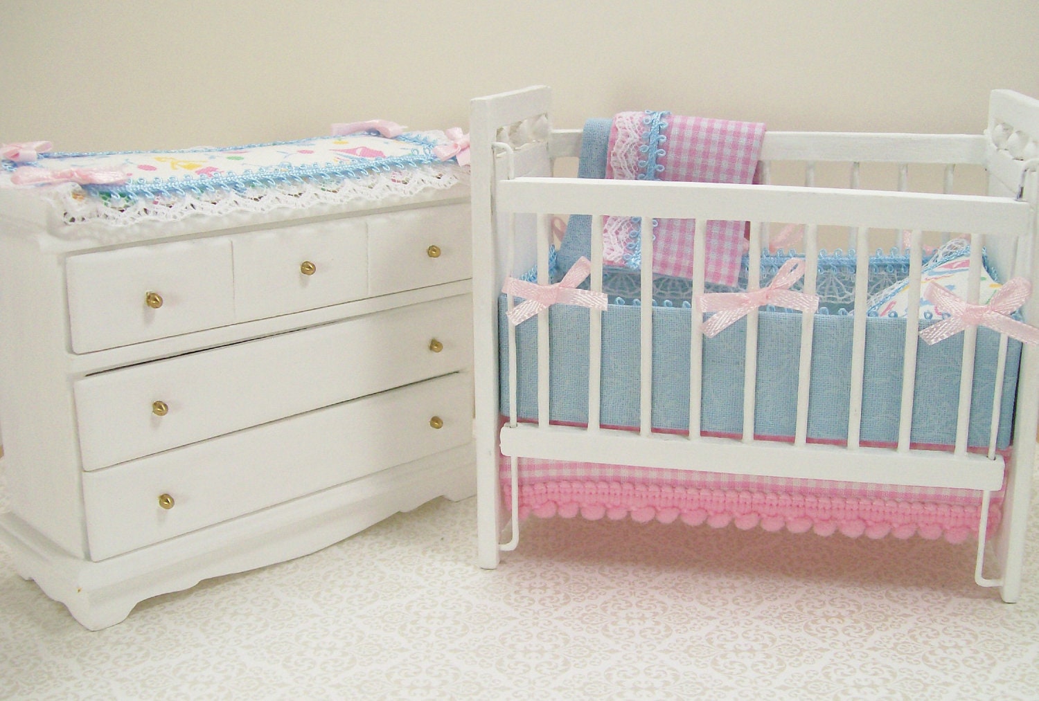 Dollhouse Miniature Furniture Baby Crib Changing Table Dresser Pink White Blue One Inch Scale OOAK