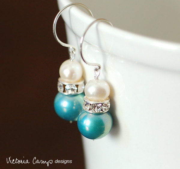 Blue and White Pearl Wedding Earrings, Rhinestones, Sterling Silver, Bridal Jewelry, Freshwater Pearls, Something Blue, Blue Pearl Earrings