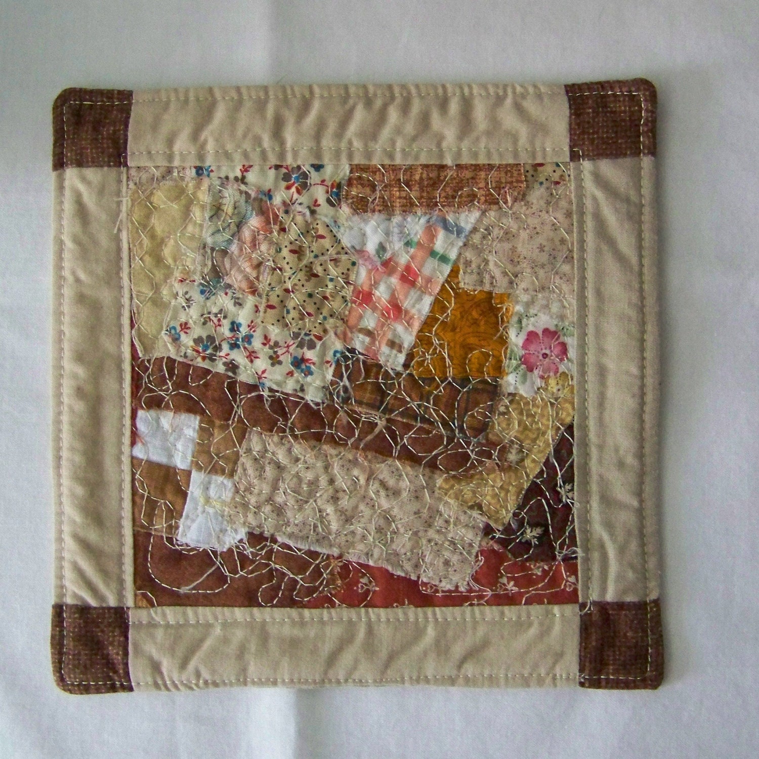 Scrappy Brown Mini Quilt, Mug Rug or Coaster