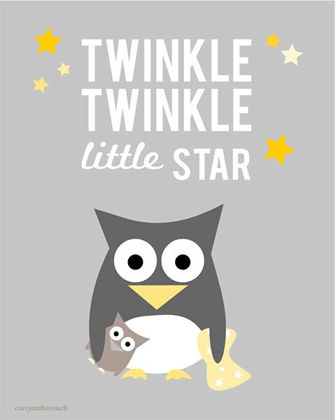 Twinkle twinkle little star - owl - gray and yellow - nursery - digital print - 8x10 on A4