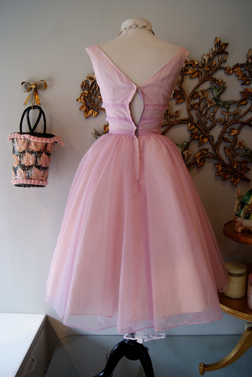50s Dress / 50s Party Dress / Vintage 1950s Lavender Chiffon Party Dress with Full Skirt Size S