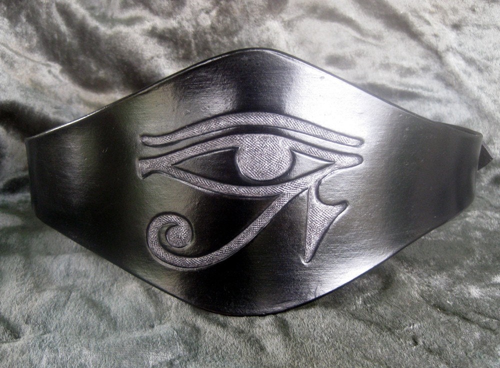 The Eye of  Horus Eye of Ra Egyptian Wide Tooled Black Leather Belt