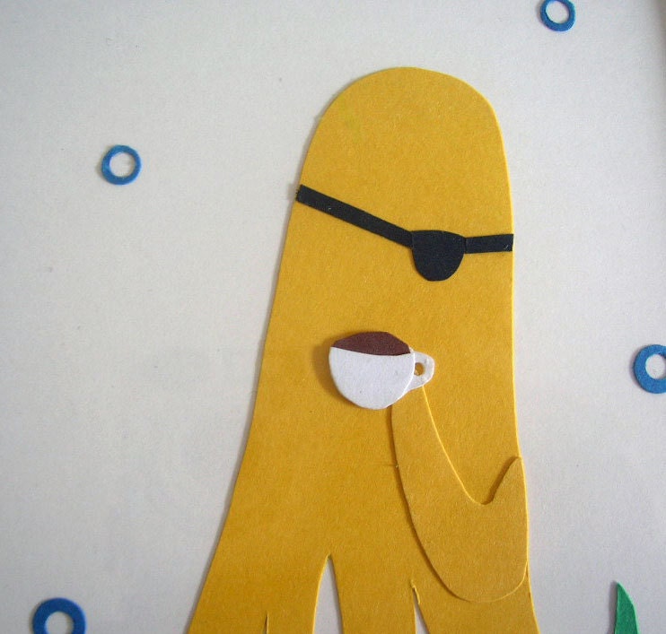 Pirate Squid With Tea 5 x 7 Paper Cut Out Framed