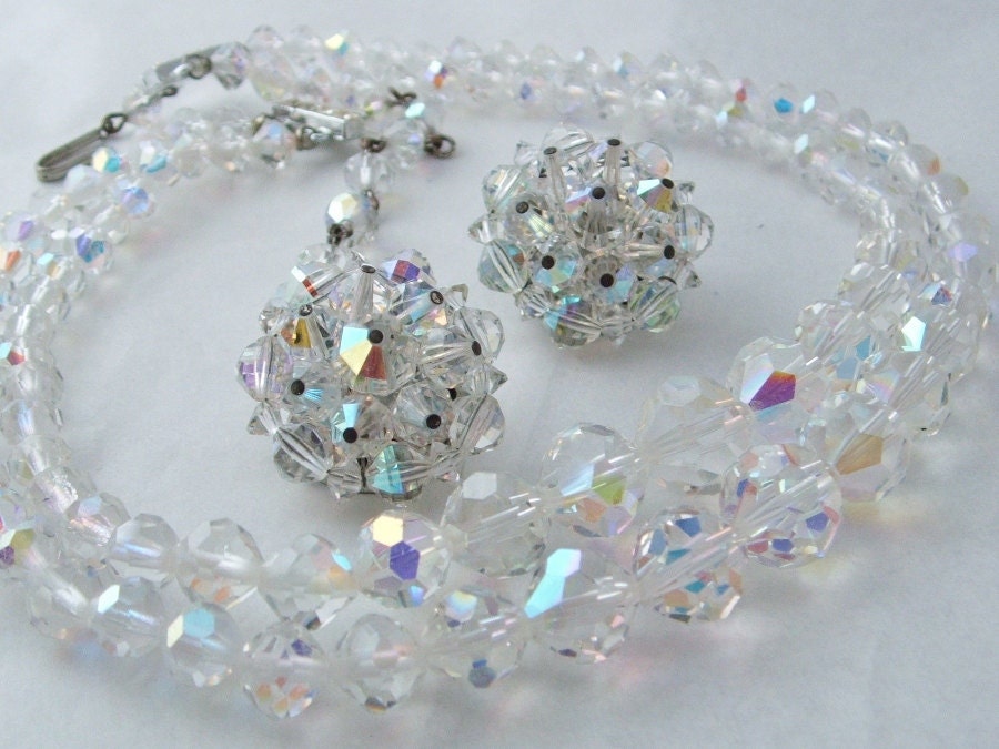 AB Crystal Necklace & Button Style Earrings / Vintage 1950s