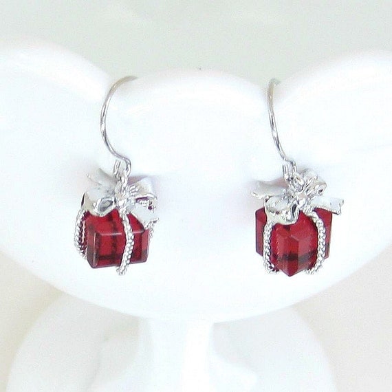 Ruby Red Stone, Gift Box Present Earrings, Silver Bow, Holiday Earrings, Christmas Earrings, Christmas Wedding