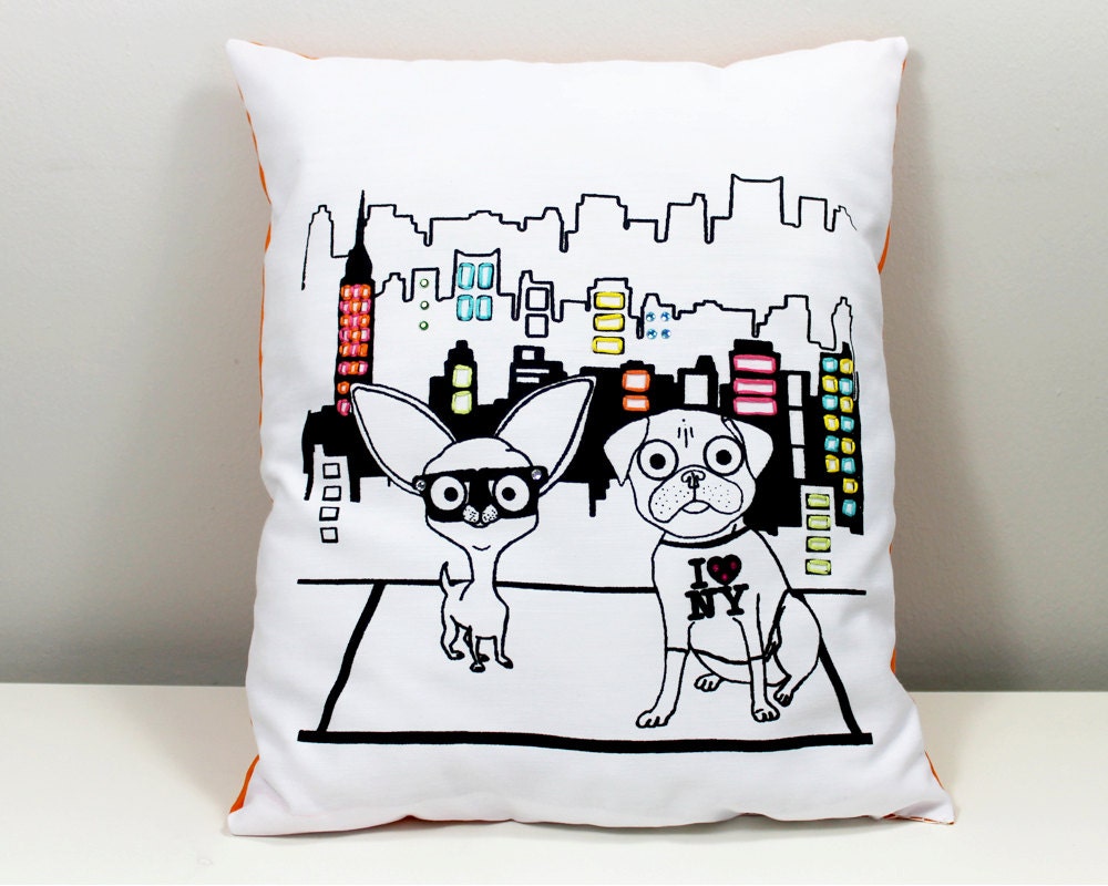 Chihuahua & Pug, Pillow, New York Themed Cushion