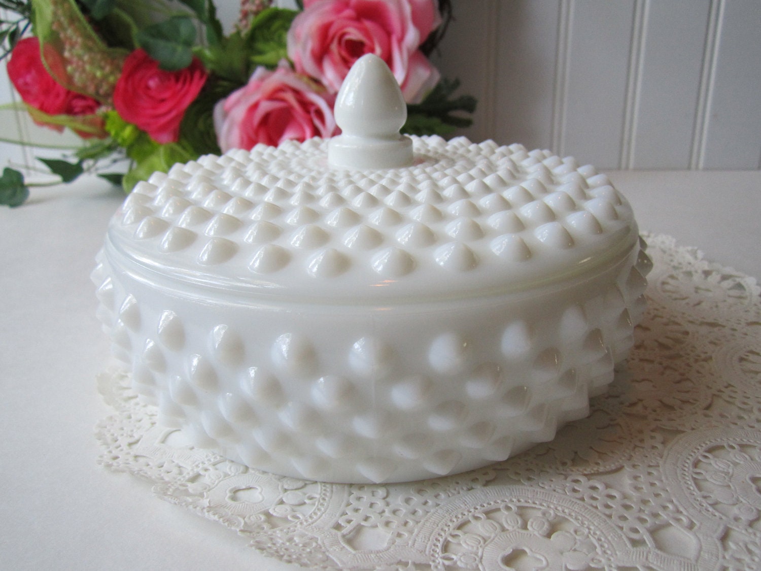 Vintage Fenton Milk Glass Hobnail Low Candy Jar