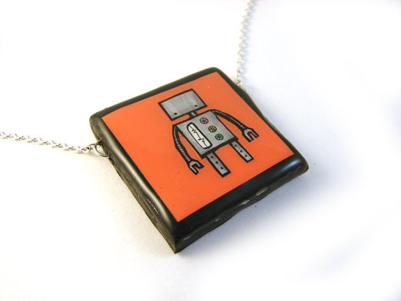 Large Orangish Red Robot Necklace