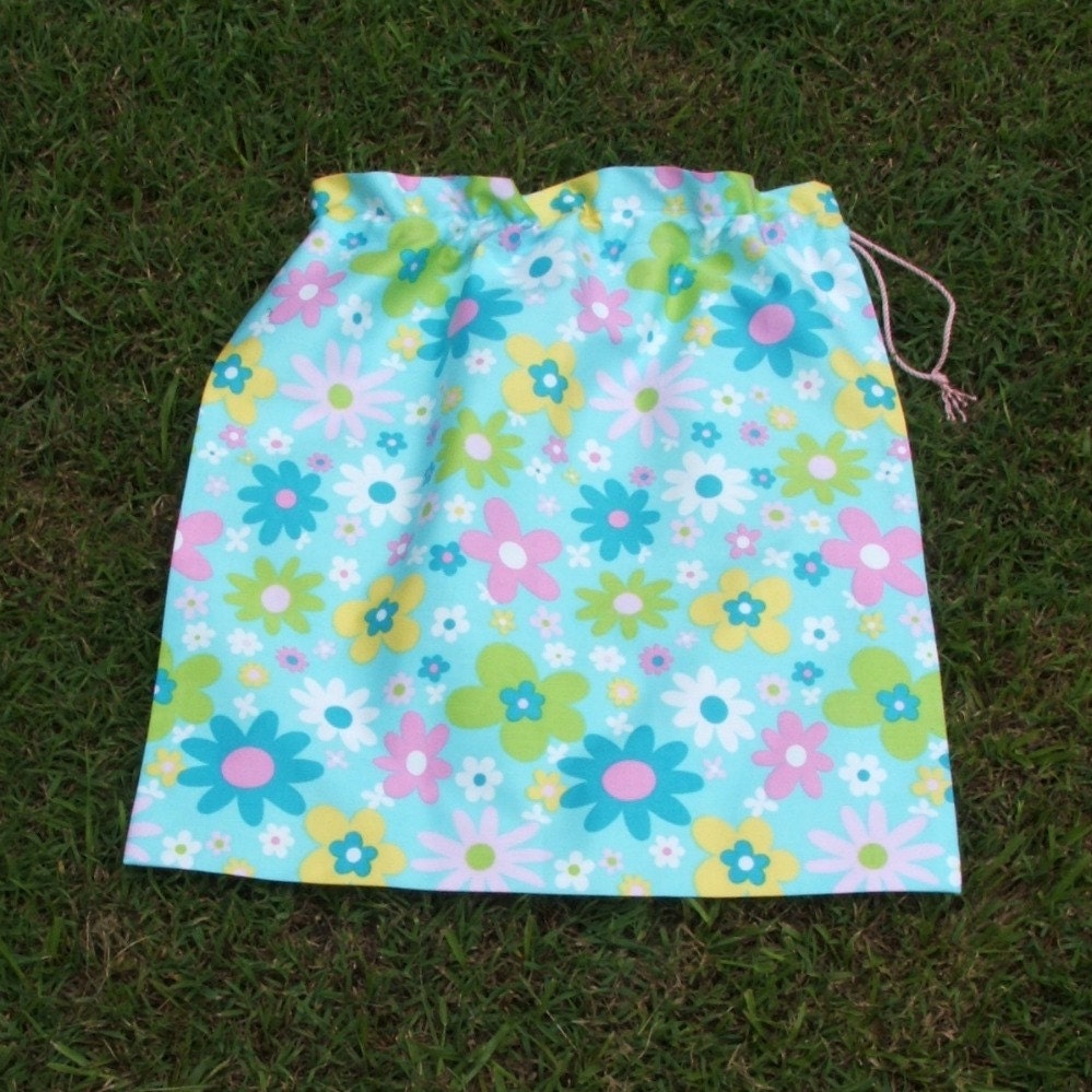 Large drawstring bag for library or toys, flowers on blue cotton