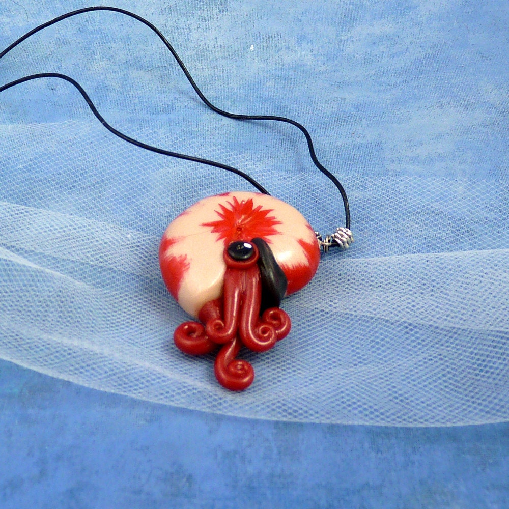 Burgundy Nautilus Necklace, Dark Red Polymer Clay Cephalopod Jewelry