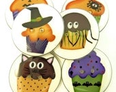6 LARGE Halloween Buttons.  1" or 25 mm. Halloween Handmade Buttons.  Cupcake Buttons. sewing buttons each with a different Halloween image.