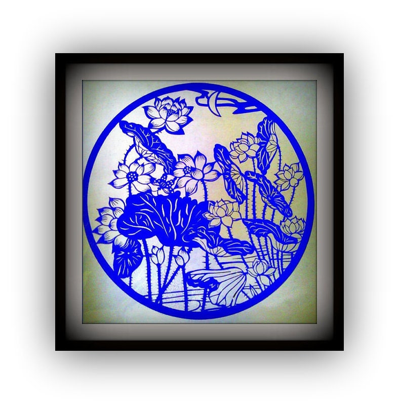 Handmade papercut - lotus flowers - Best gift or house decdor in blue