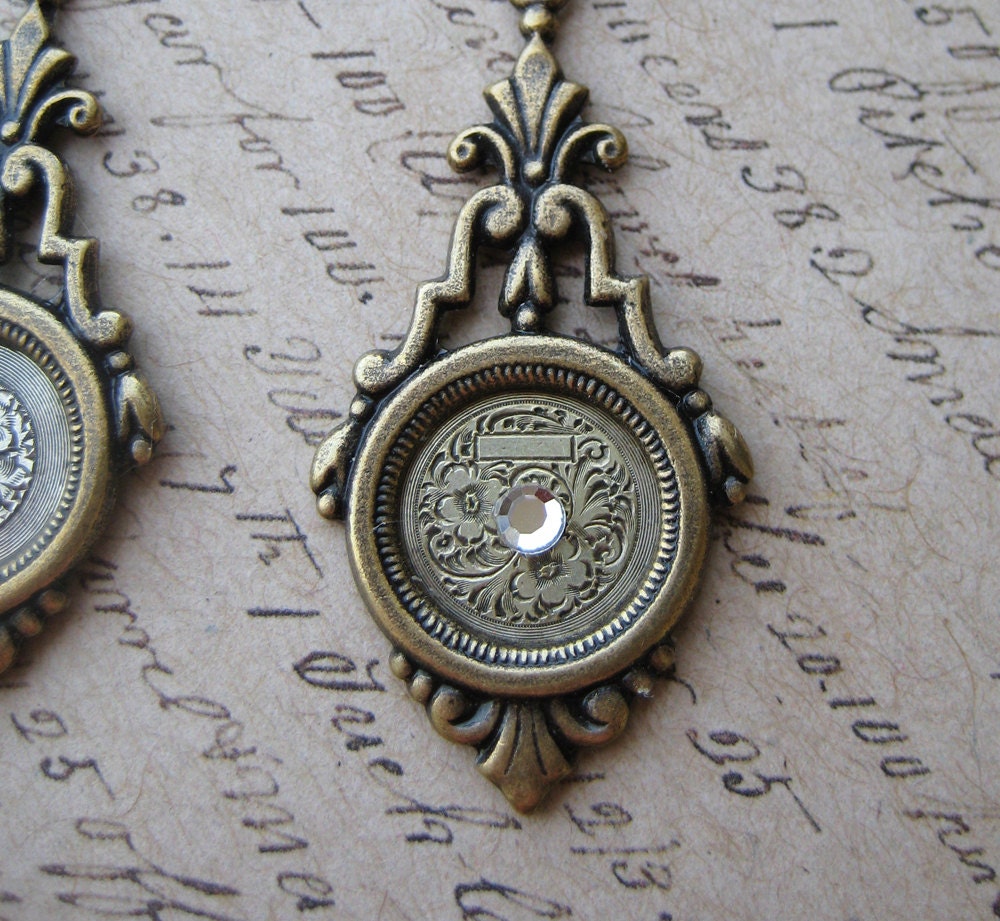 Steampunk Earrings antique engraved metal watch parts antiqued brass settings vintage Art nouveau Deco