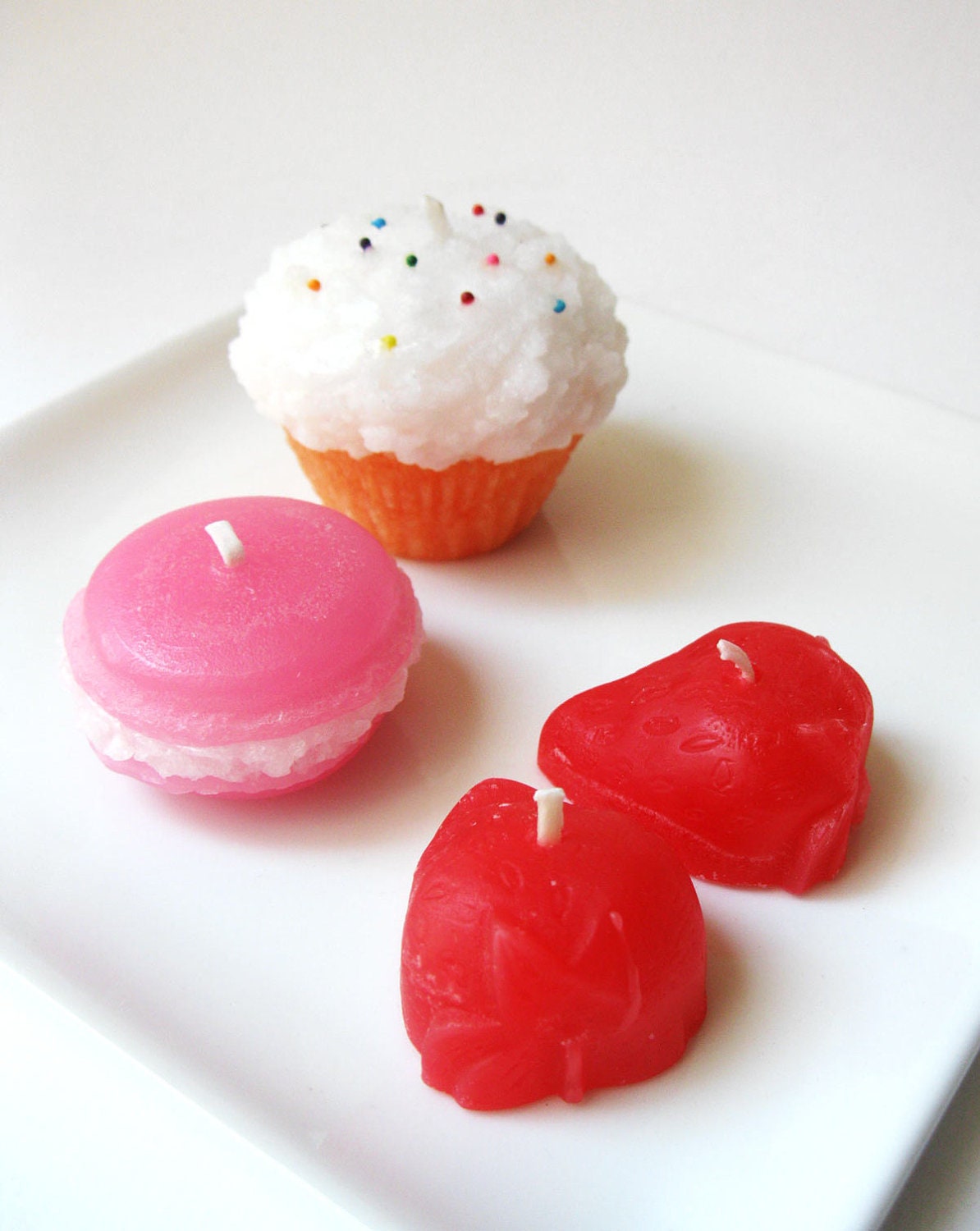 DESSERT SAMPLER - 1 Mini Cupcake Candle with REAL Sprinkles, 1 Macaron Candle & 2 Strawberry Cake Topper Candles