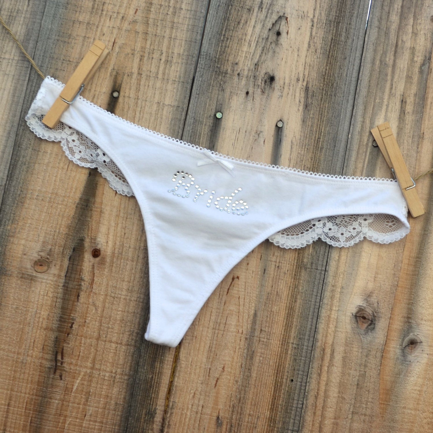 NEW to Bridal Party  - BRIDE Rhinestone Bridal Panties - Bride lacey THONG white bum - Bling underwear Size Small - Ships in 24hrs
