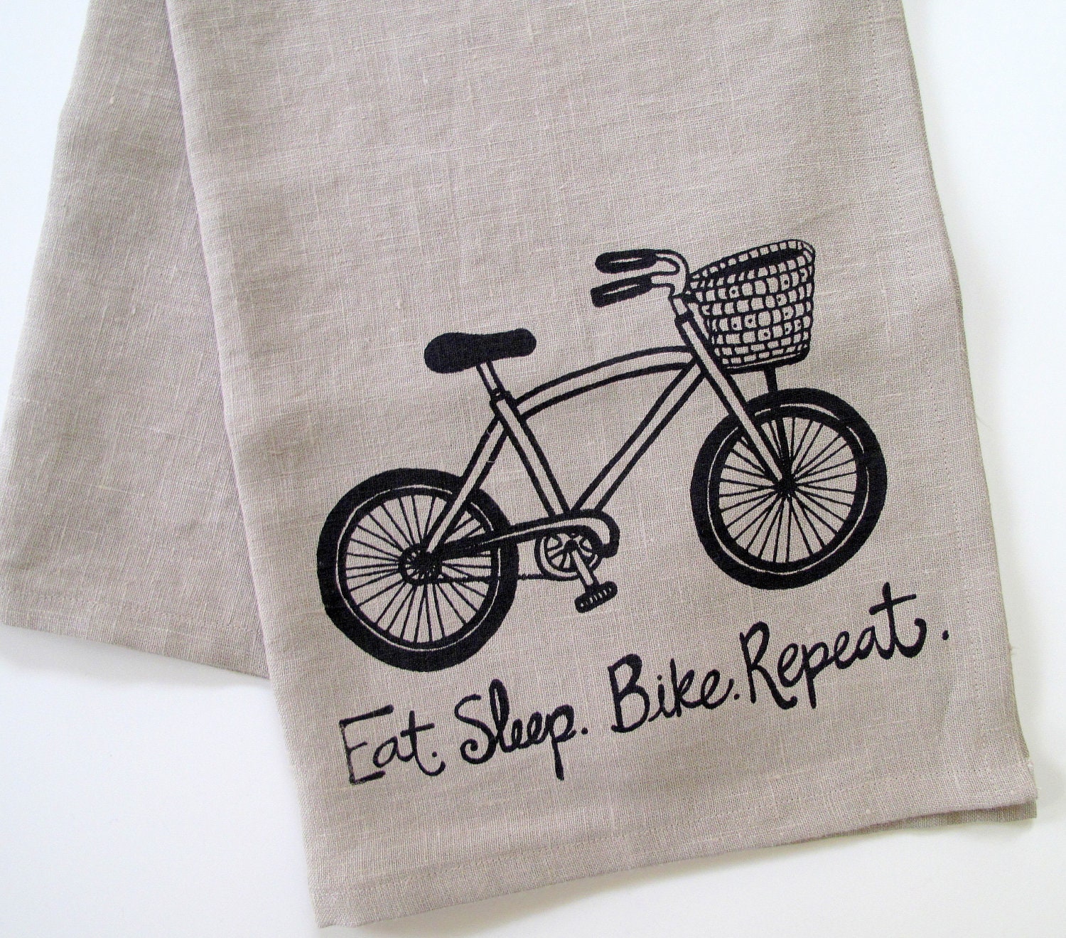Linen Tea Towel Natural with Bike in Black - Eat.Sleep.Bike. Repeat - SweetnatureDesigns