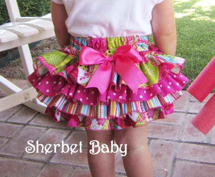 Patchwork Polka Dots & Stripes Four Ruffle All Around Cupcake Sassy Pants Ruffle Diaper Cover Panty   Pink Green Teal