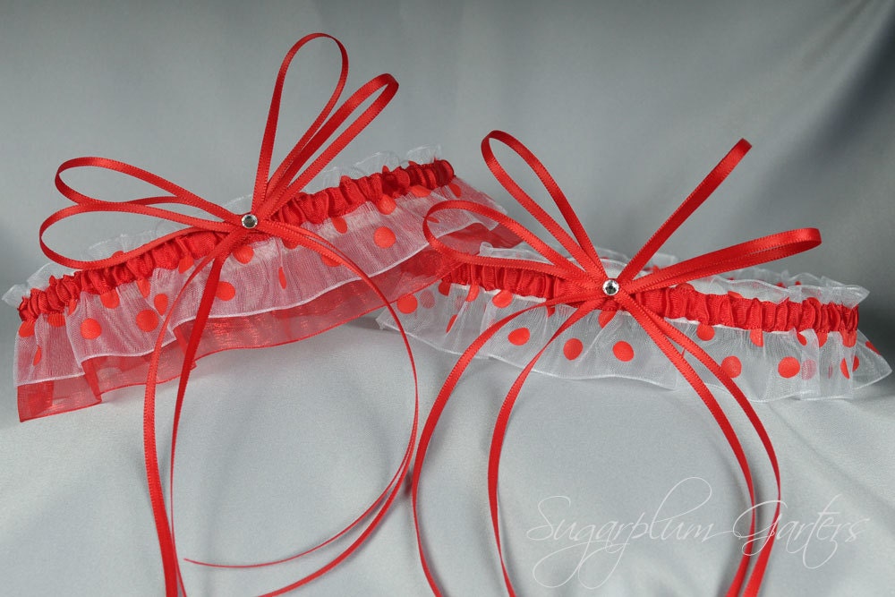 Wedding Garter Set in Red Polka Dot and White with Swarovski Crystals