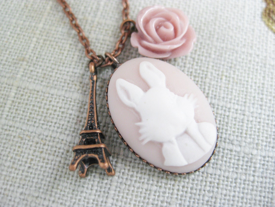 Bunny Cameo Necklace Eiffel Tower French Rabbit