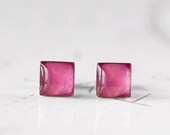 Azalea Resin Square Stud Earrings - Deep Magenta Rose Pink Shimmer Post Earrings