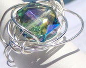 REALDI. green yellow AB finish large crystal glass and silver ring. SIZE 8