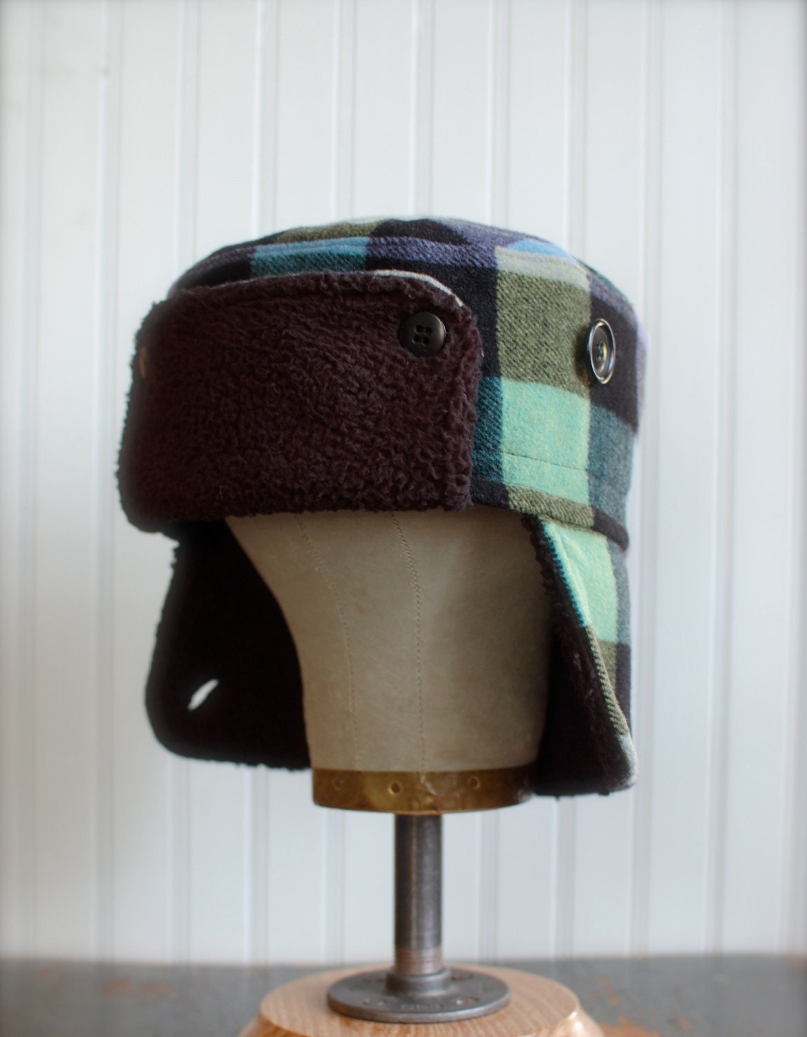 Buffalo plaid furry russian hat in multicolored woolen fabric: mens trapper hat, womens trapper hat - large
