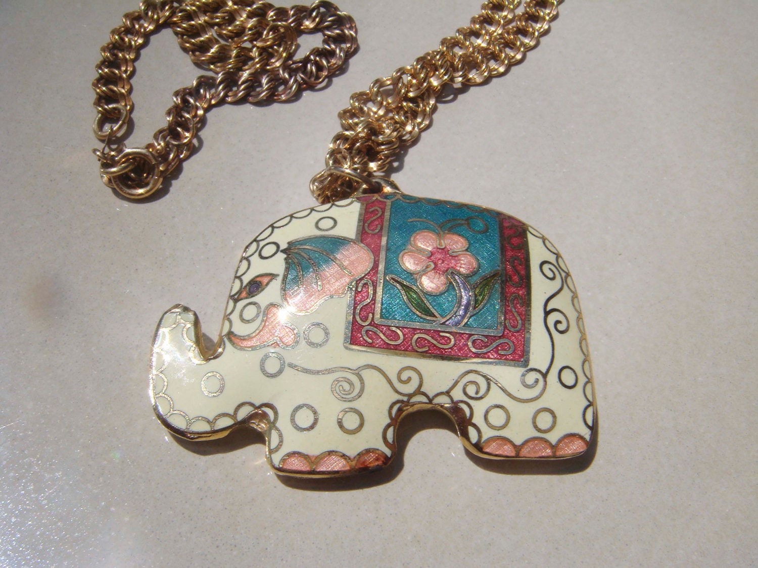 Summer Sale Vintage 12K gold ELKA necklace Elephant Cloisonne Enamel Figural pendant