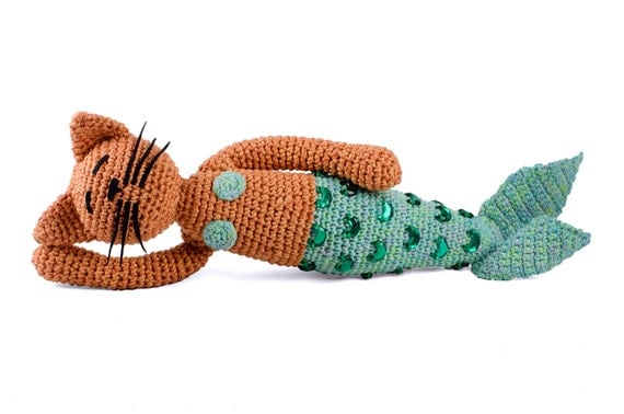 Crochet Mer-Cat mermaid cat sculpture by patti haskins